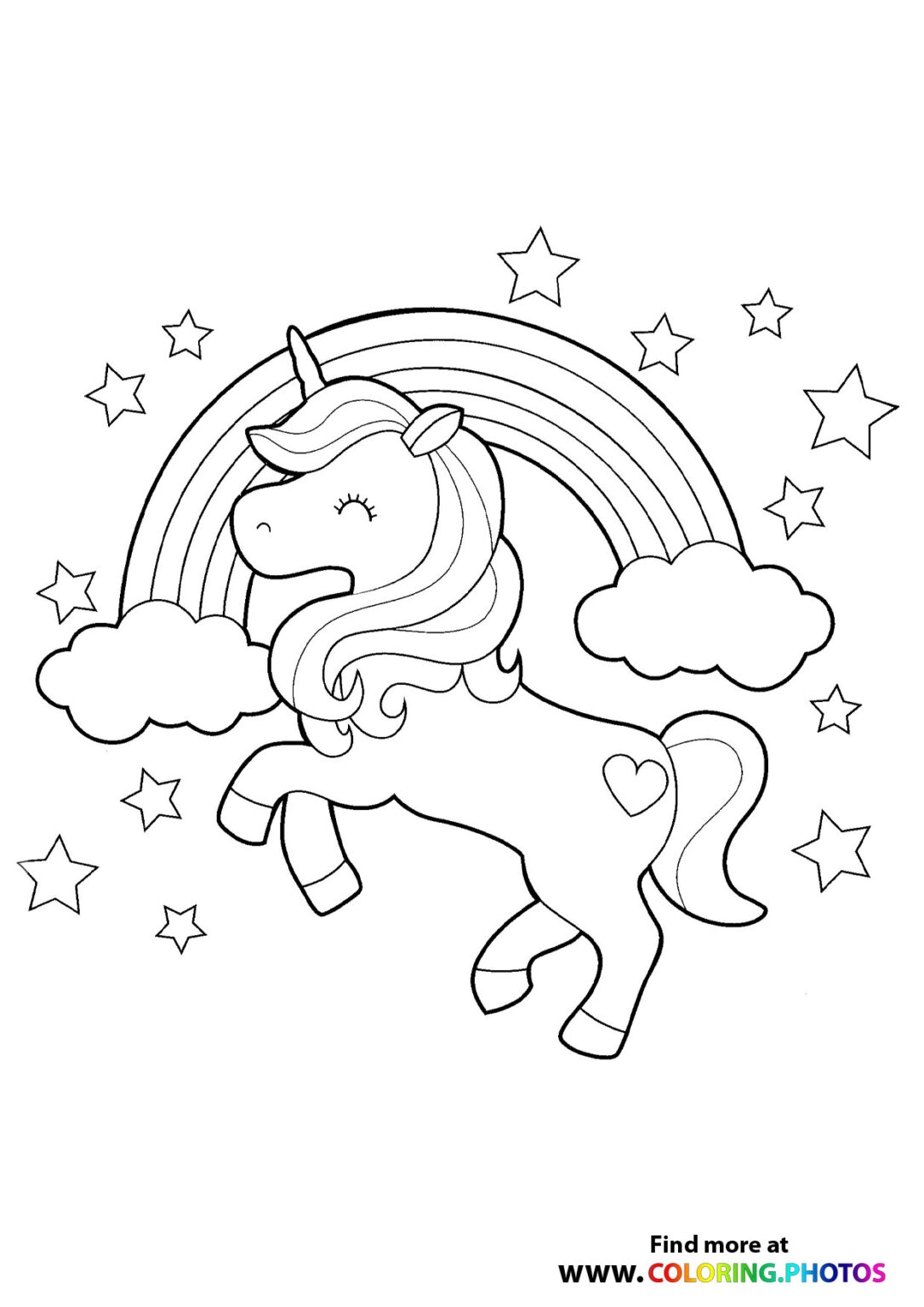 colouring page unicorn and rainbow